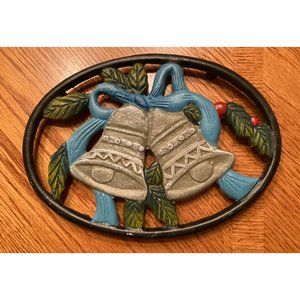 Cast Iron Painted Christmas Holiday Bells Ringing Holiday Trivet Hot Pad VGUC
